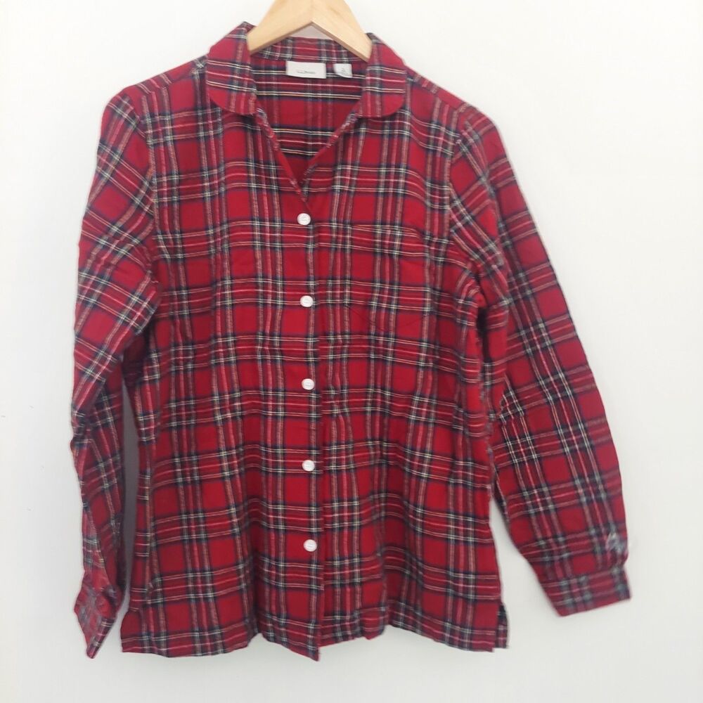 LL BEAN Classic Red Tartan Flannel Pajama Top Size Small
